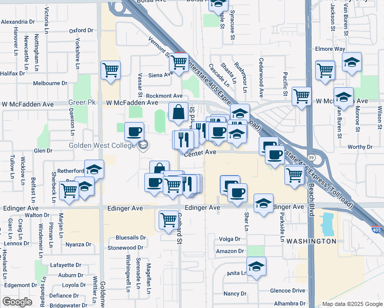 map of restaurants, bars, coffee shops, grocery stores, and more near 7400 Center Avenue in Huntington Beach