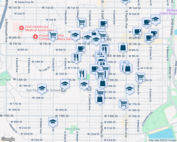 map of restaurants, bars, coffee shops, grocery stores, and more near 792 West 12th Street in Los Angeles
