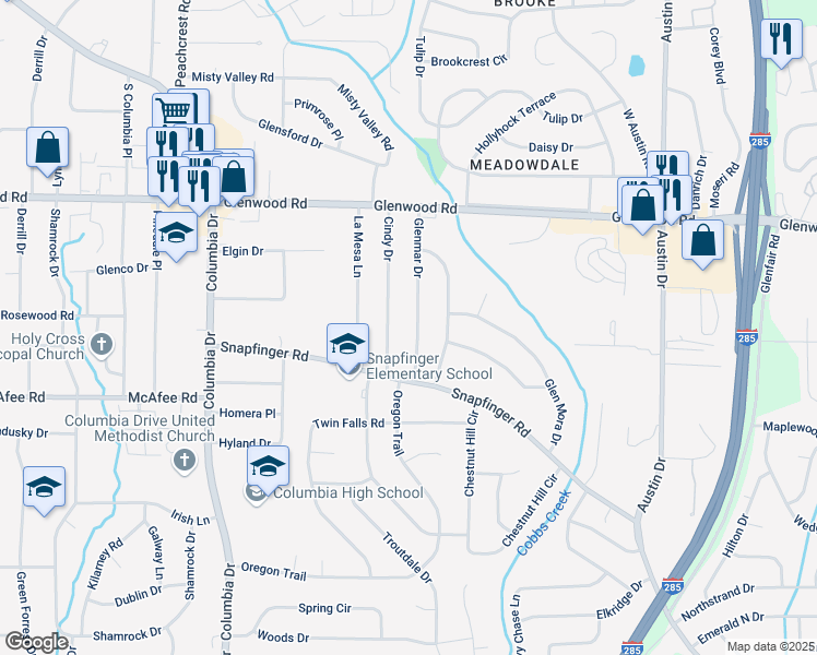 map of restaurants, bars, coffee shops, grocery stores, and more near 1943 Glenmar Drive in Decatur