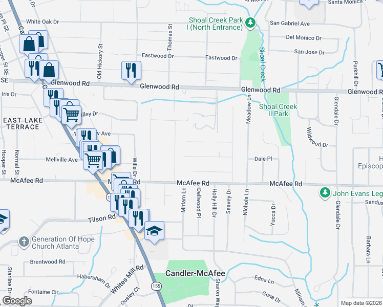 map of restaurants, bars, coffee shops, grocery stores, and more near 2785 Long Way in Decatur