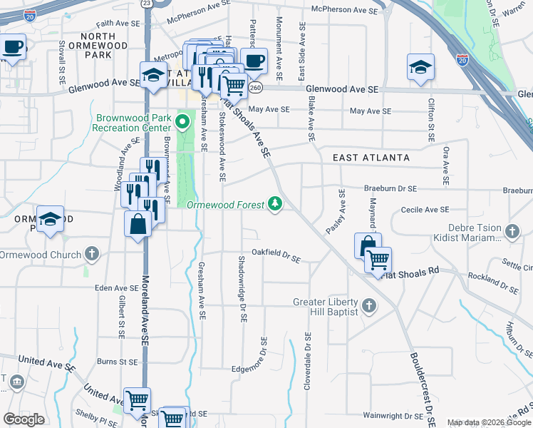 map of restaurants, bars, coffee shops, grocery stores, and more near 770 Shadowridge Drive Southeast in Atlanta