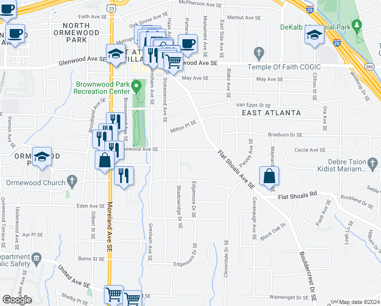 map of restaurants, bars, coffee shops, grocery stores, and more near 770 Shadowridge Drive Southeast in Atlanta