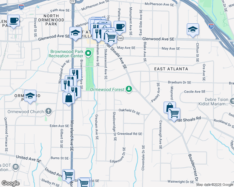 map of restaurants, bars, coffee shops, grocery stores, and more near 1357 Ormewood Avenue Southeast in Atlanta