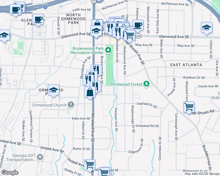 map of restaurants, bars, coffee shops, grocery stores, and more near 1247 Ormewood Avenue Southeast in Atlanta