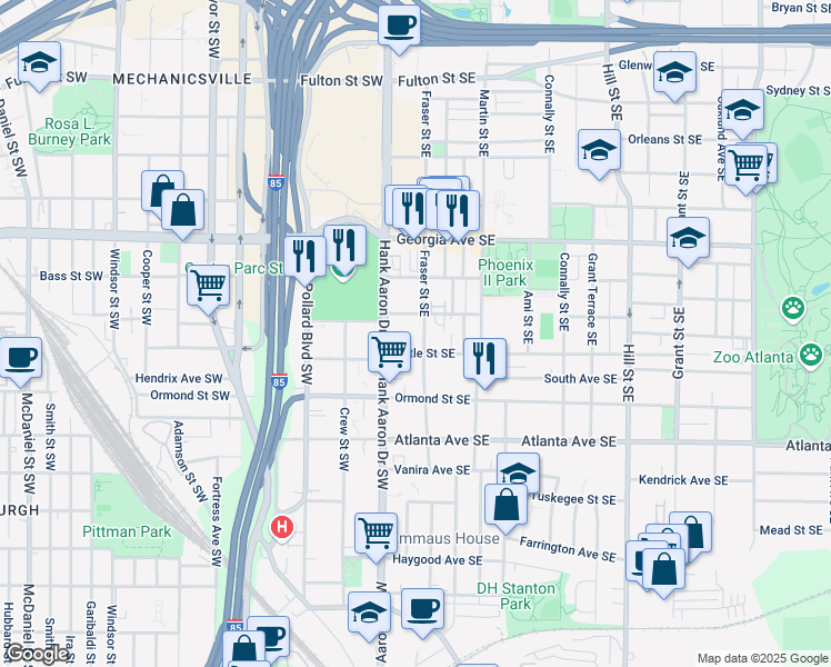 map of restaurants, bars, coffee shops, grocery stores, and more near 765 Fraser Street Southeast in Atlanta