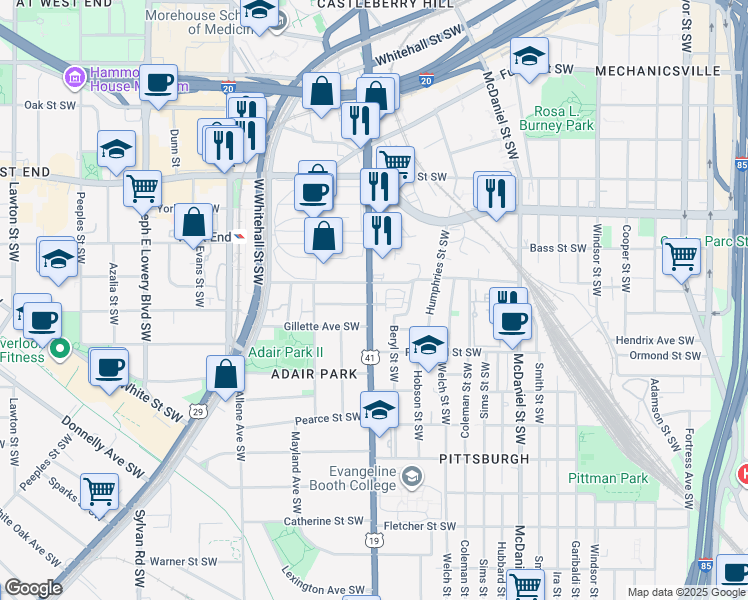 map of restaurants, bars, coffee shops, grocery stores, and more near 791 Metropolitan Parkway Southwest in Atlanta