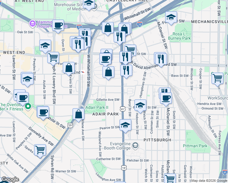 map of restaurants, bars, coffee shops, grocery stores, and more near 664 Hugh Street Southwest in Atlanta