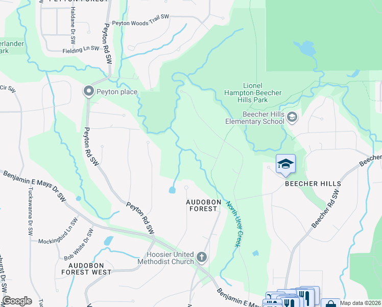 map of restaurants, bars, coffee shops, grocery stores, and more near 701 Chickadee Court Southwest in Atlanta
