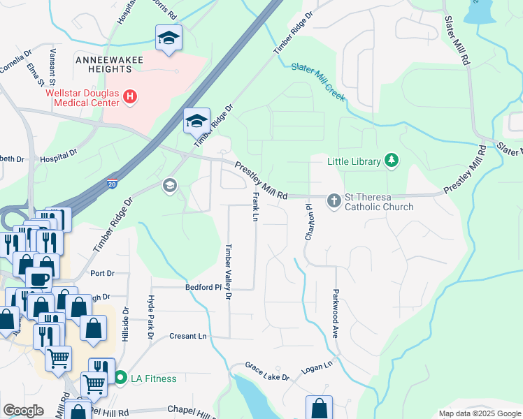 map of restaurants, bars, coffee shops, grocery stores, and more near 5767 Wembley Drive in Douglasville