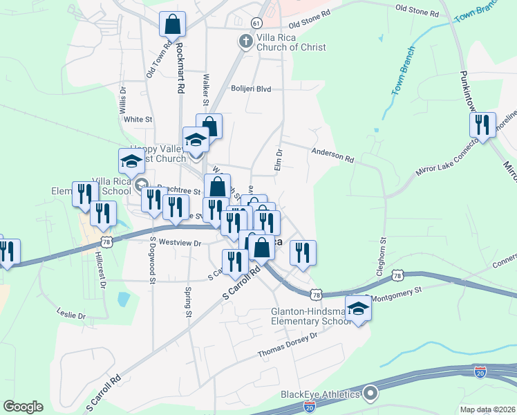 map of restaurants, bars, coffee shops, grocery stores, and more near 205 North Avenue in Villa Rica