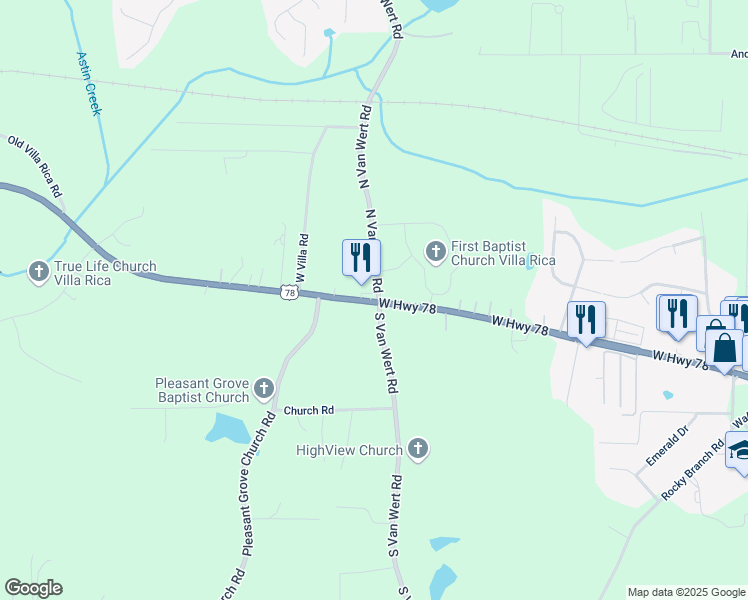 map of restaurants, bars, coffee shops, grocery stores, and more near 0 North Van Wert Road in Villa Rica