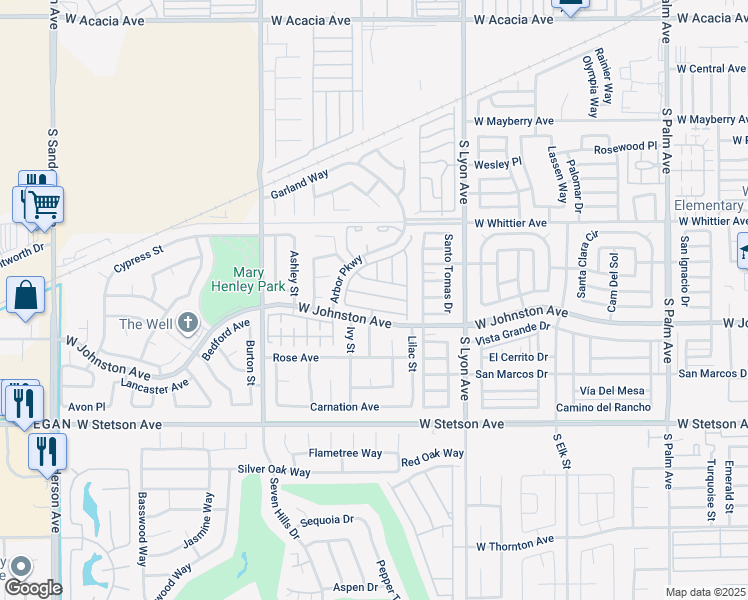 map of restaurants, bars, coffee shops, grocery stores, and more near 2245 Juneberry Avenue in Hemet
