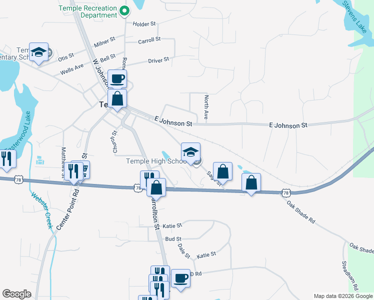 map of restaurants, bars, coffee shops, grocery stores, and more near 508 Sage Street in Temple