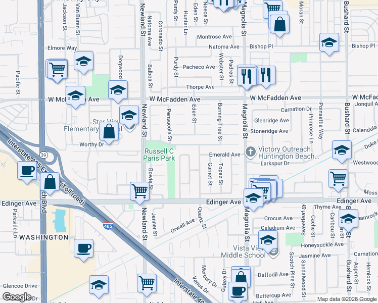 map of restaurants, bars, coffee shops, grocery stores, and more near 15782 Plumwood Street in Westminster