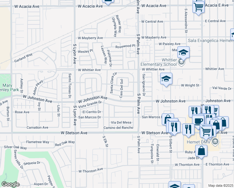 map of restaurants, bars, coffee shops, grocery stores, and more near 631 Santa Clara Circle in Hemet