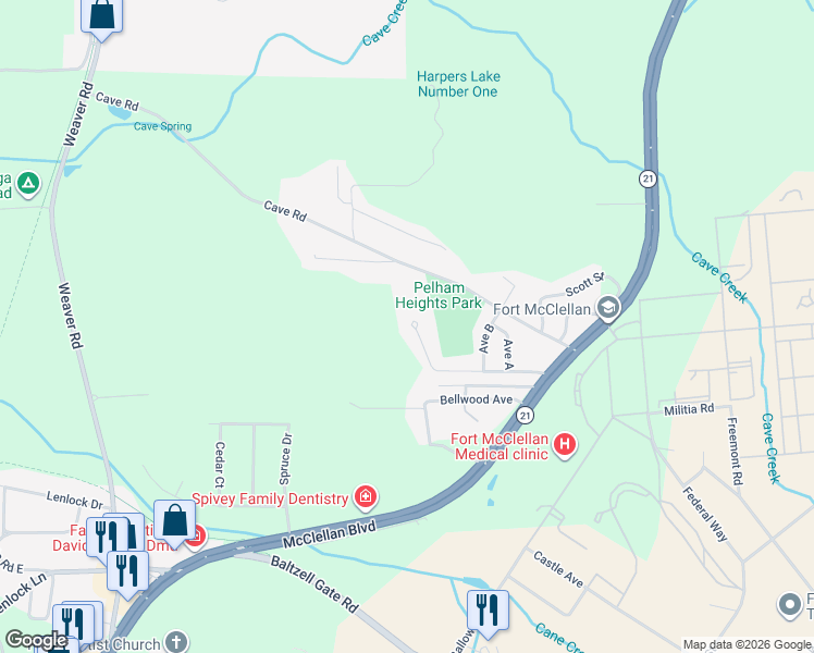 map of restaurants, bars, coffee shops, grocery stores, and more near 80 1st Avenue in Anniston