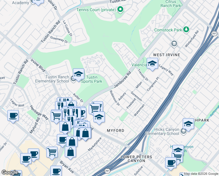map of restaurants, bars, coffee shops, grocery stores, and more near Jamboree Rd & Robinson Dr in Tustin