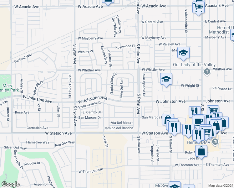 map of restaurants, bars, coffee shops, grocery stores, and more near 631 Santa Clara Circle in Hemet