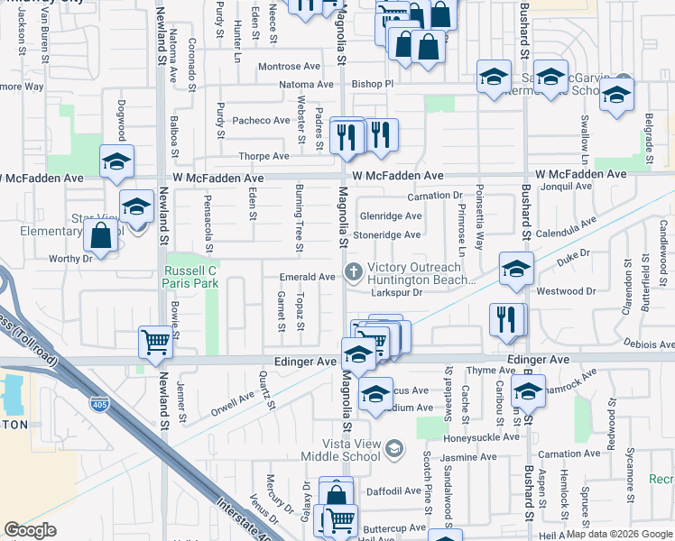 map of restaurants, bars, coffee shops, grocery stores, and more near 8961 Emerald Avenue in Westminster