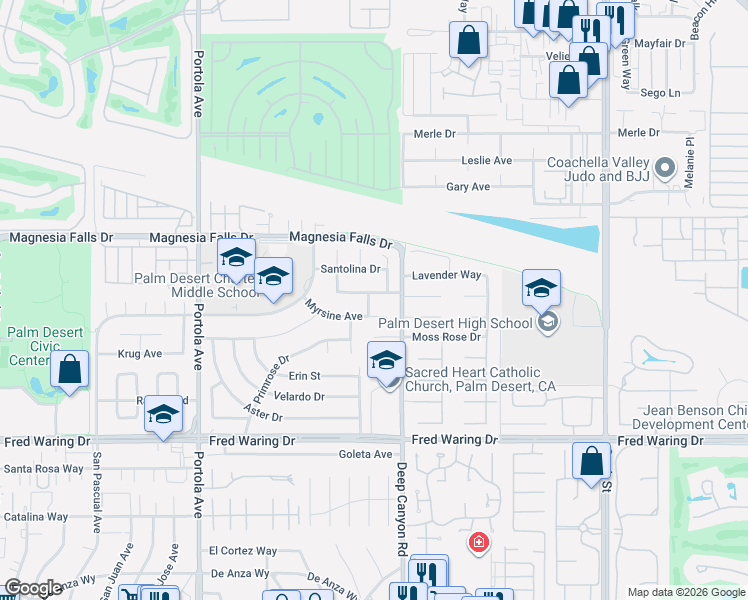 map of restaurants, bars, coffee shops, grocery stores, and more near 74429 Buttonwood Drive in Palm Desert