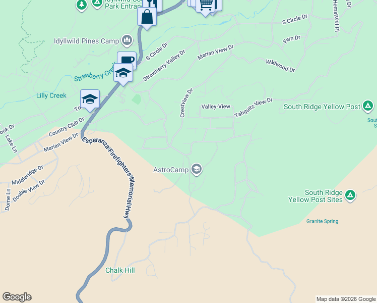 map of restaurants, bars, coffee shops, grocery stores, and more near 26770 Saunders Meadow Road in Idyllwild-Pine Cove