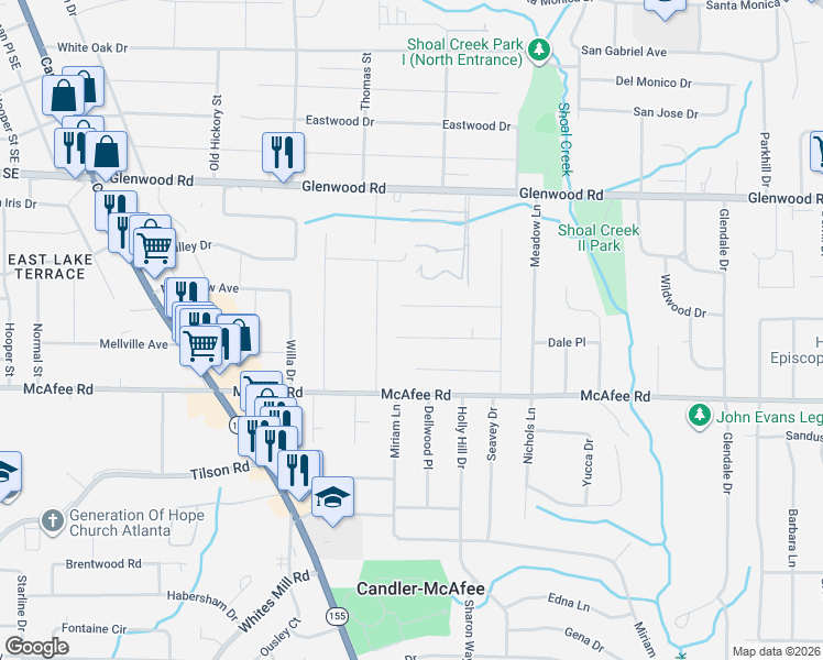 map of restaurants, bars, coffee shops, grocery stores, and more near 2785 Long Way in Decatur