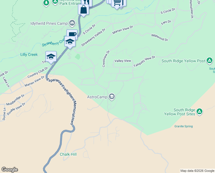 map of restaurants, bars, coffee shops, grocery stores, and more near 26770 Saunders Meadow Road in Idyllwild-Pine Cove
