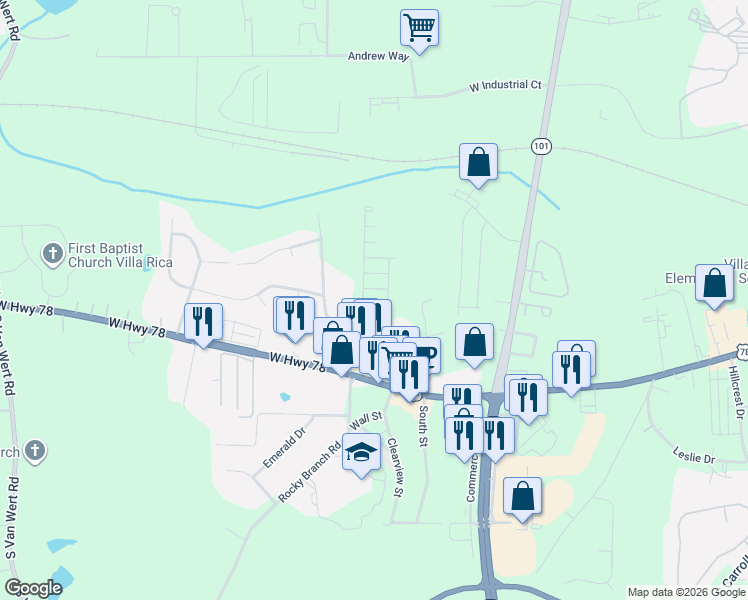 map of restaurants, bars, coffee shops, grocery stores, and more near 436-498 Villa Trce in Villa Rica