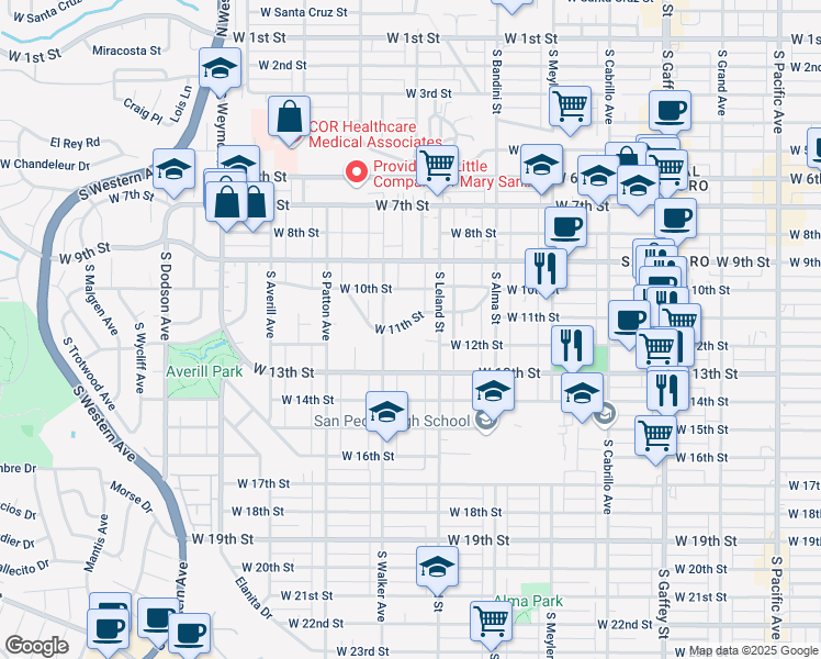 map of restaurants, bars, coffee shops, grocery stores, and more near 1155 West 11th Street in Los Angeles