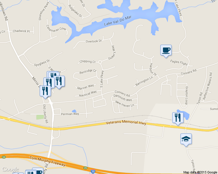 map of restaurants, bars, coffee shops, grocery stores, and more near 1208 Big Tree Pointe in Villa Rica