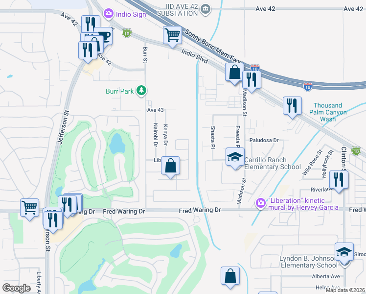 map of restaurants, bars, coffee shops, grocery stores, and more near 80680 Freedom Avenue in Indio