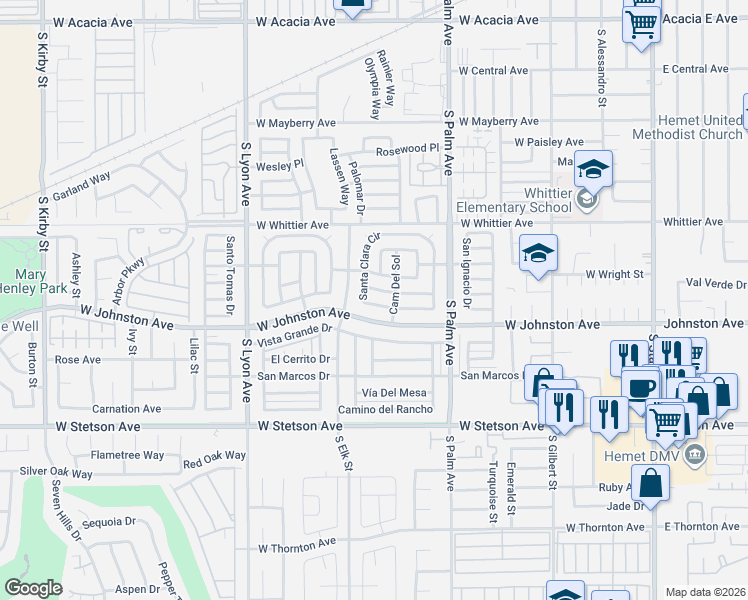 map of restaurants, bars, coffee shops, grocery stores, and more near 620 Santa Clara Circle in Hemet