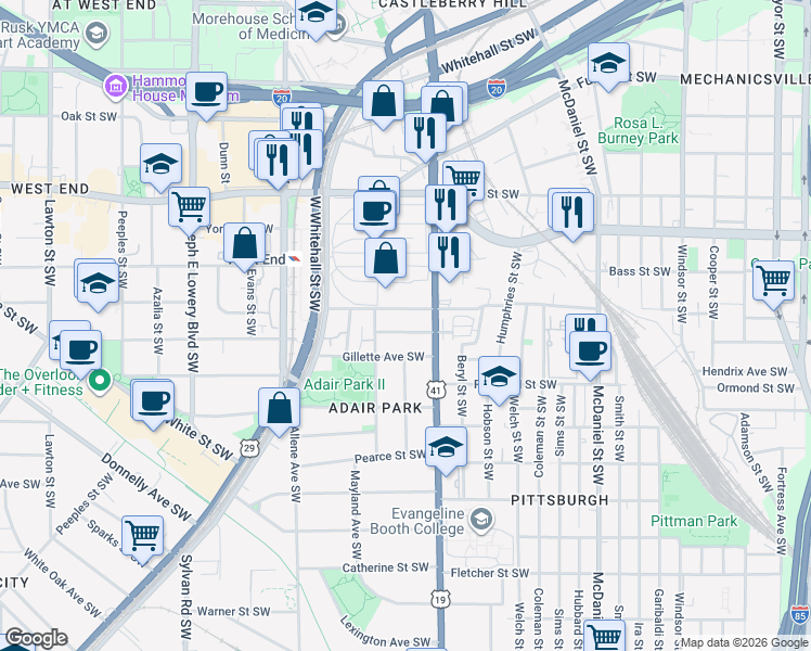 map of restaurants, bars, coffee shops, grocery stores, and more near 664 Hugh Street Southwest in Atlanta