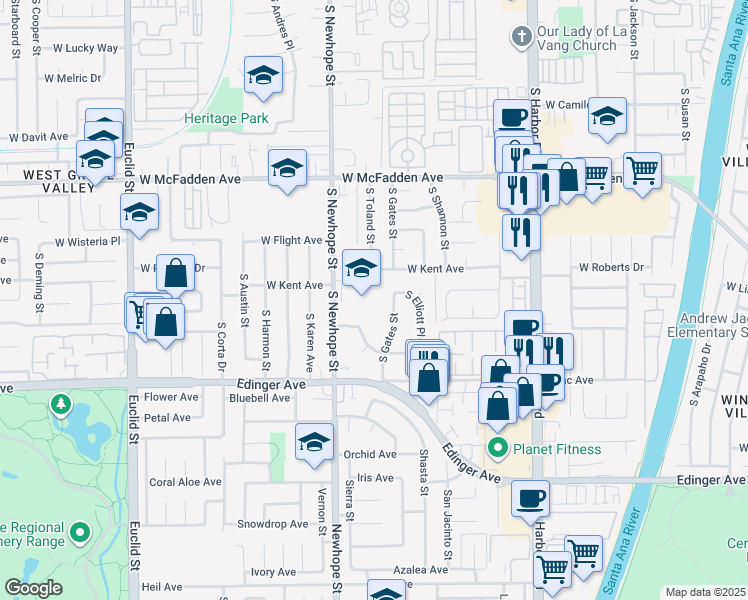 map of restaurants, bars, coffee shops, grocery stores, and more near 4419 West Regent Drive in Santa Ana