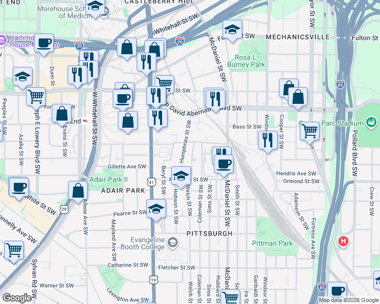 map of restaurants, bars, coffee shops, grocery stores, and more near 793 Welch Street Southwest in Atlanta