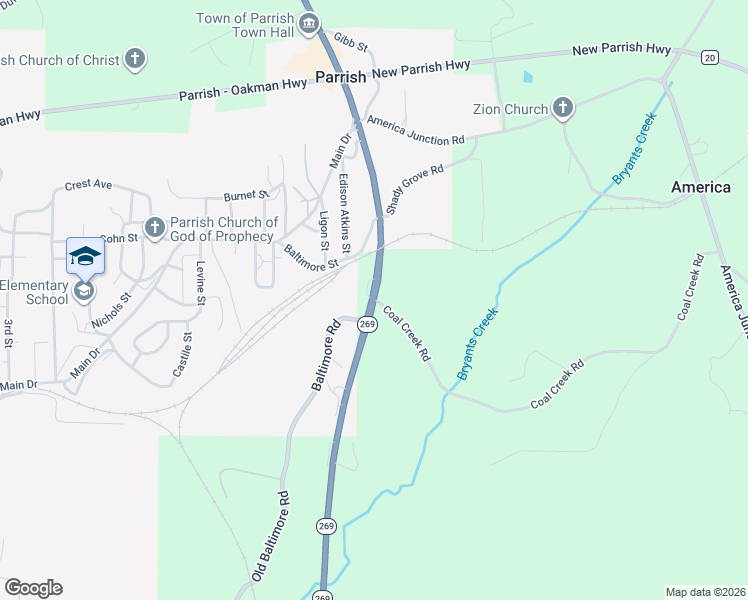 map of restaurants, bars, coffee shops, grocery stores, and more near 177 Coal Creek Road in Parrish