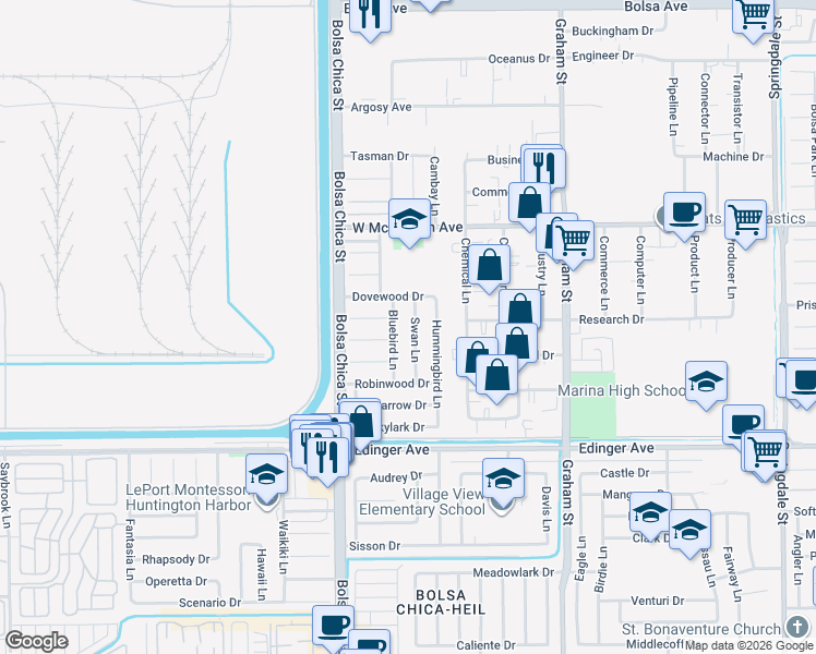 map of restaurants, bars, coffee shops, grocery stores, and more near 15711 Swan Lane in Huntington Beach