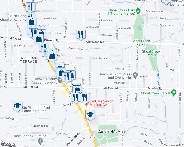 map of restaurants, bars, coffee shops, grocery stores, and more near 1952 Don Juan Lane in Decatur