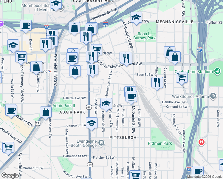 map of restaurants, bars, coffee shops, grocery stores, and more near 793 Welch Street Southwest in Atlanta