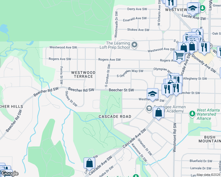 map of restaurants, bars, coffee shops, grocery stores, and more near 1932 South Gordon Street Southwest in Atlanta