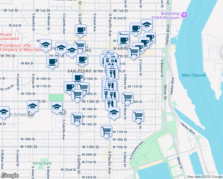 map of restaurants, bars, coffee shops, grocery stores, and more near 454 West 12th Street in Los Angeles
