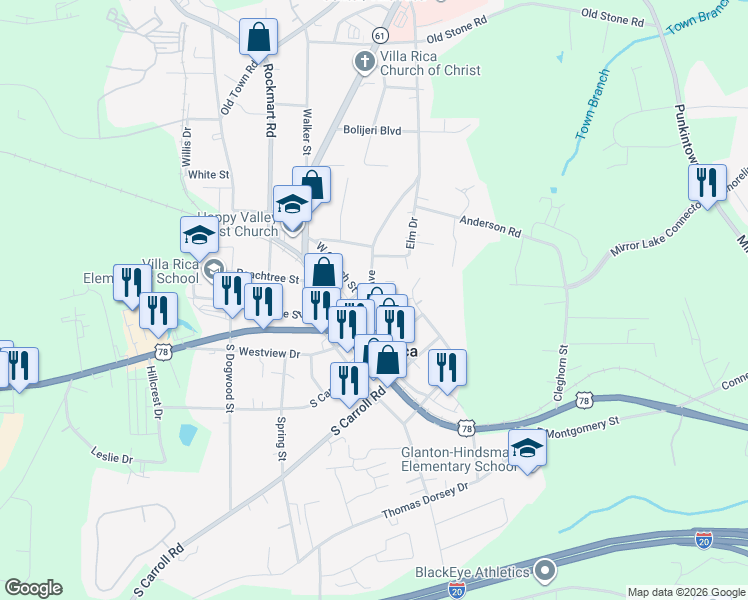 map of restaurants, bars, coffee shops, grocery stores, and more near 205 North Avenue in Villa Rica