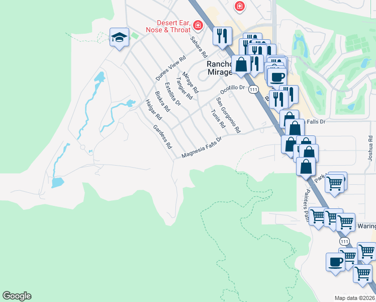 map of restaurants, bars, coffee shops, grocery stores, and more near 71591 Biskra Road in Rancho Mirage