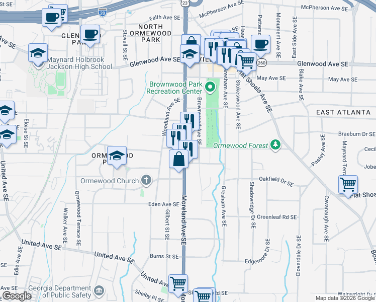 map of restaurants, bars, coffee shops, grocery stores, and more near 749 Moreland Avenue Southeast in Atlanta