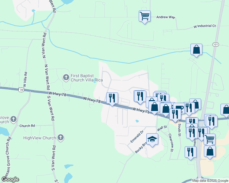 map of restaurants, bars, coffee shops, grocery stores, and more near 18 Melleray Court in Villa Rica