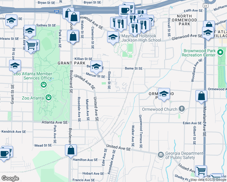 map of restaurants, bars, coffee shops, grocery stores, and more near 770 Ormewood Avenue Southeast in Atlanta