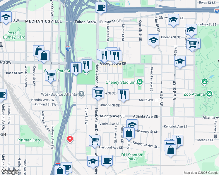 map of restaurants, bars, coffee shops, grocery stores, and more near 767 Reed Street Southeast in Atlanta