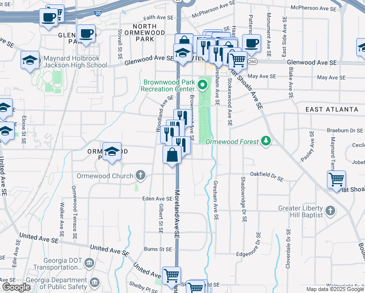 map of restaurants, bars, coffee shops, grocery stores, and more near 749 Moreland Avenue Southeast in Atlanta