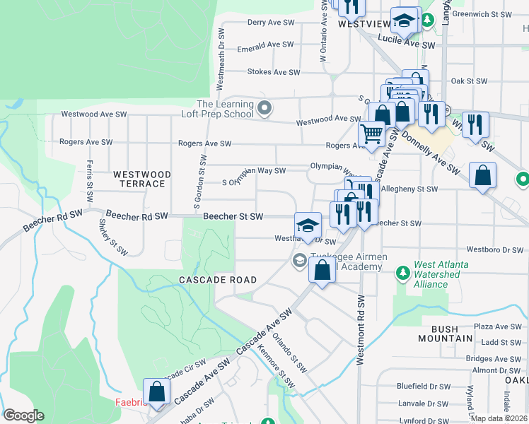 map of restaurants, bars, coffee shops, grocery stores, and more near 1714 Beecher Street Southwest in Atlanta