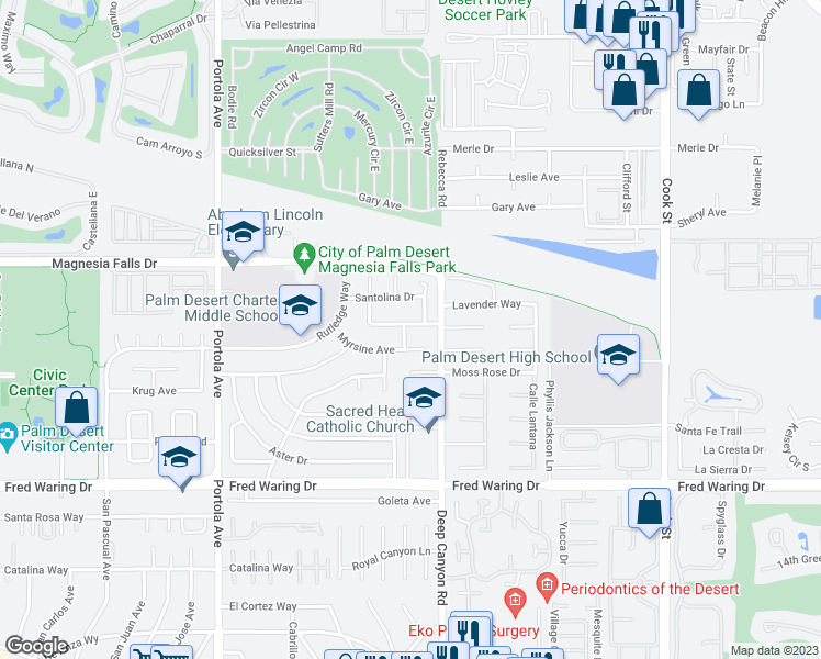 map of restaurants, bars, coffee shops, grocery stores, and more near 74429 Buttonwood Drive in Palm Desert